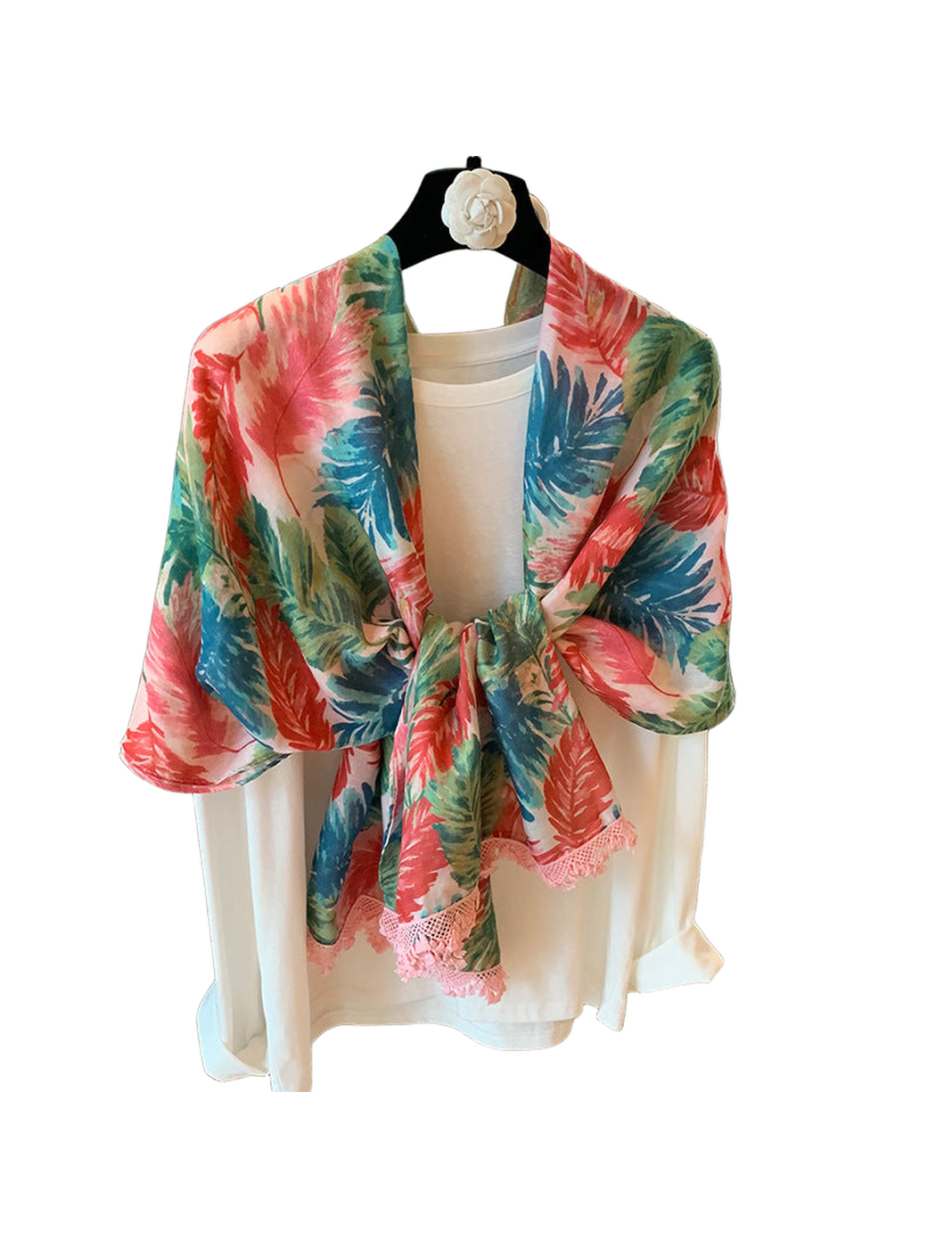 Multicolor floral scarf tied at the front with pink lace trim