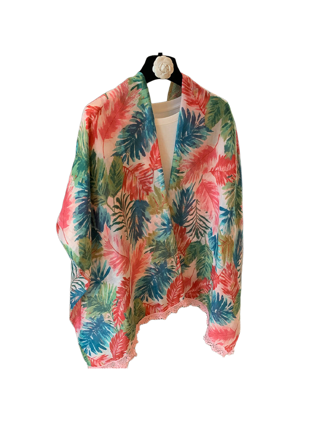Multicolor floral scarf hanging open with pink lace trim