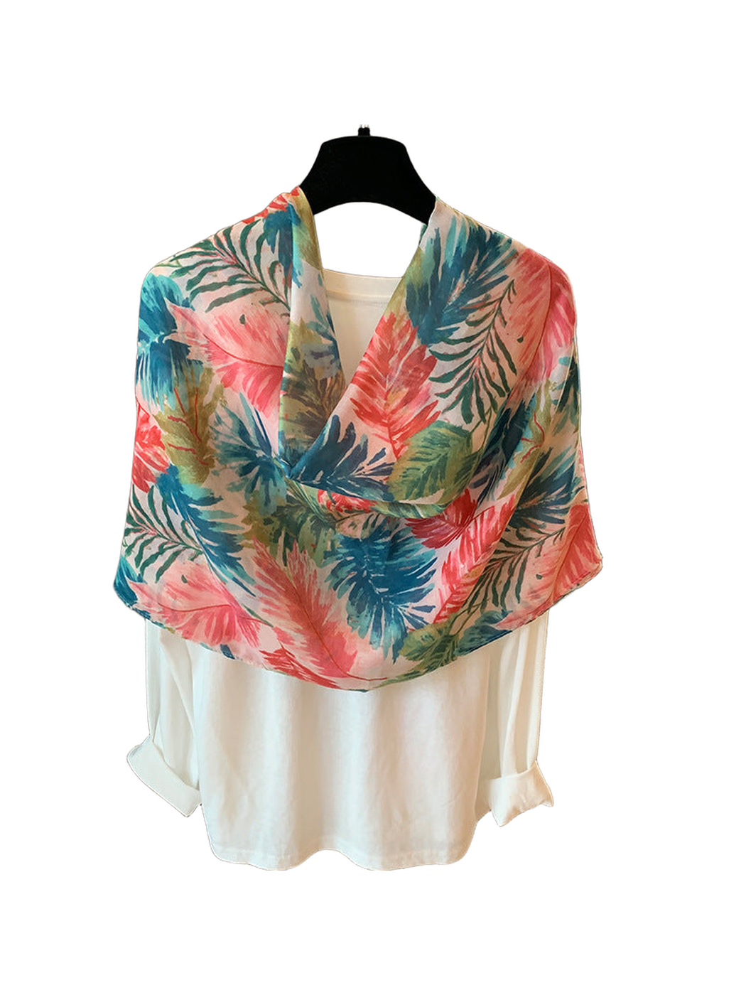 Multicolor floral scarf wrapped across a white top with pink lace trim