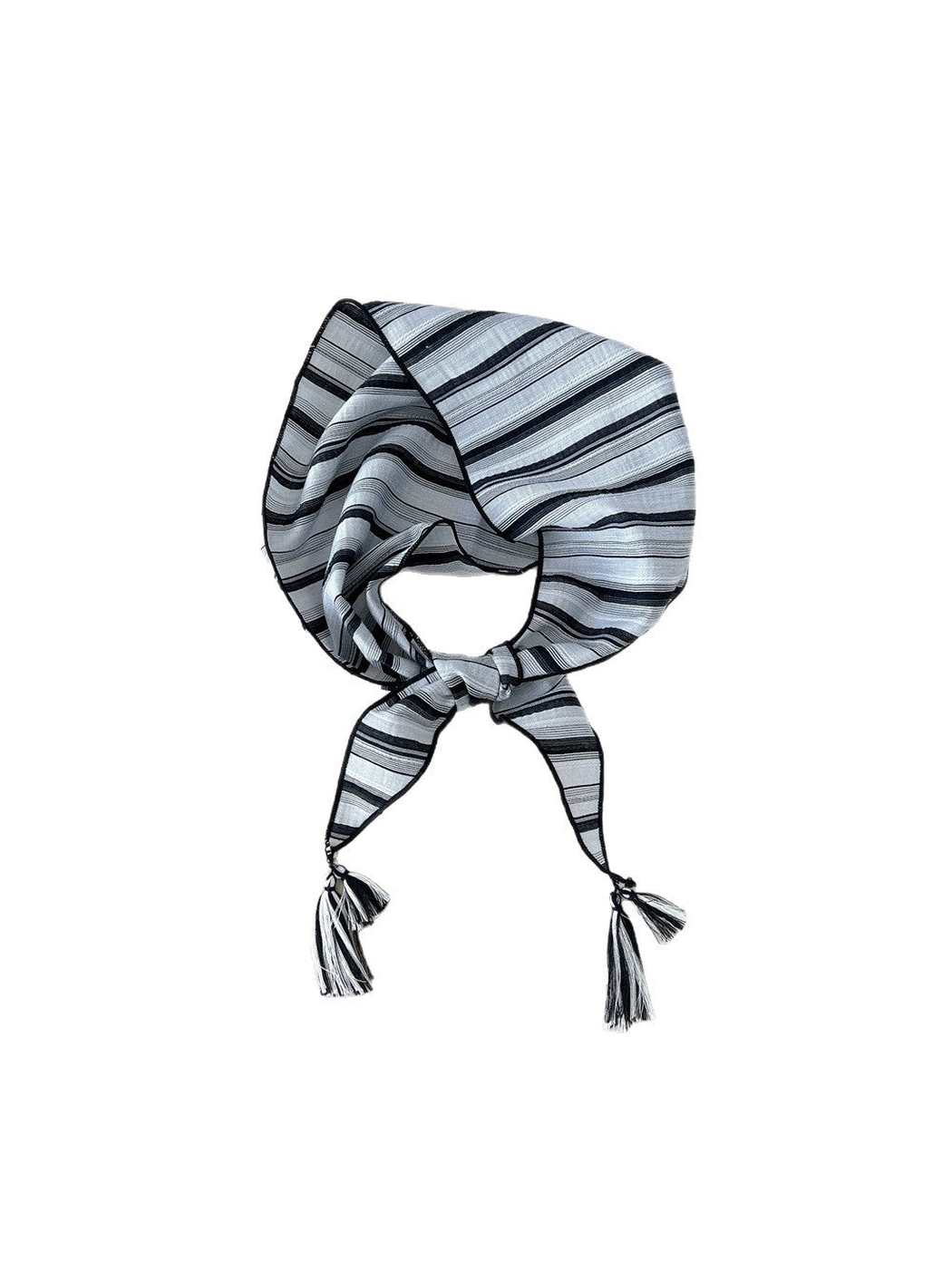 Black Gray striped triangle scarf with tassel-ended ties