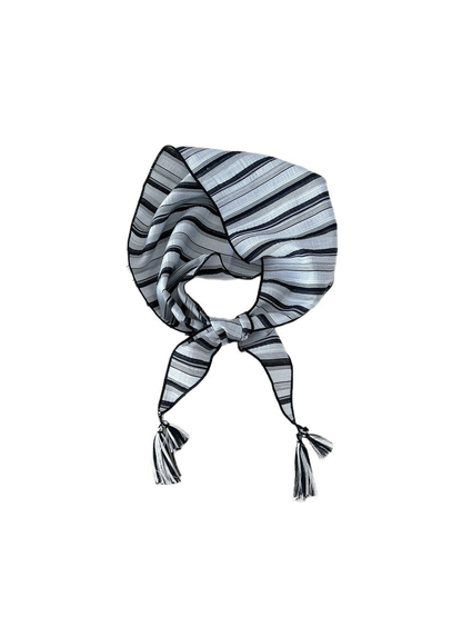 Black Gray striped triangle scarf with tassel-ended ties
