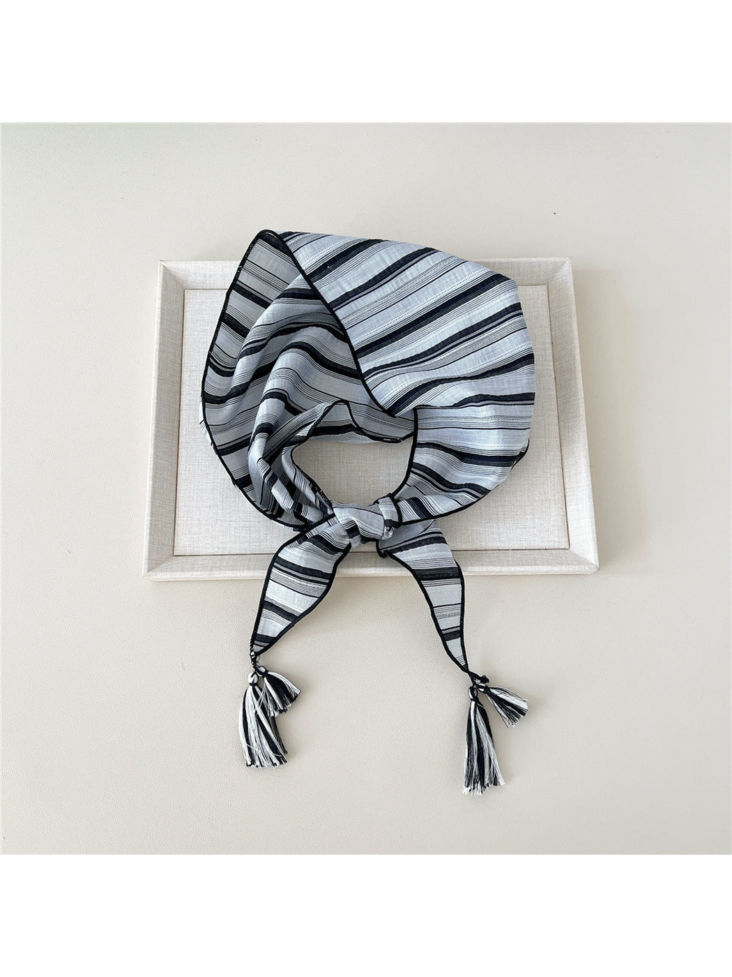 Black Gray striped triangle scarf with tassel-ended ties