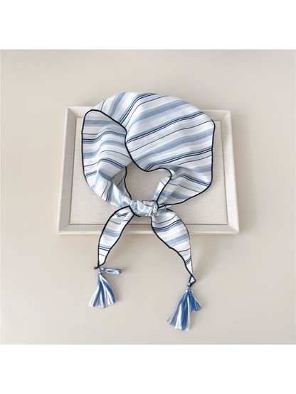 Blue Gray striped triangle scarf with tassel-ended ties