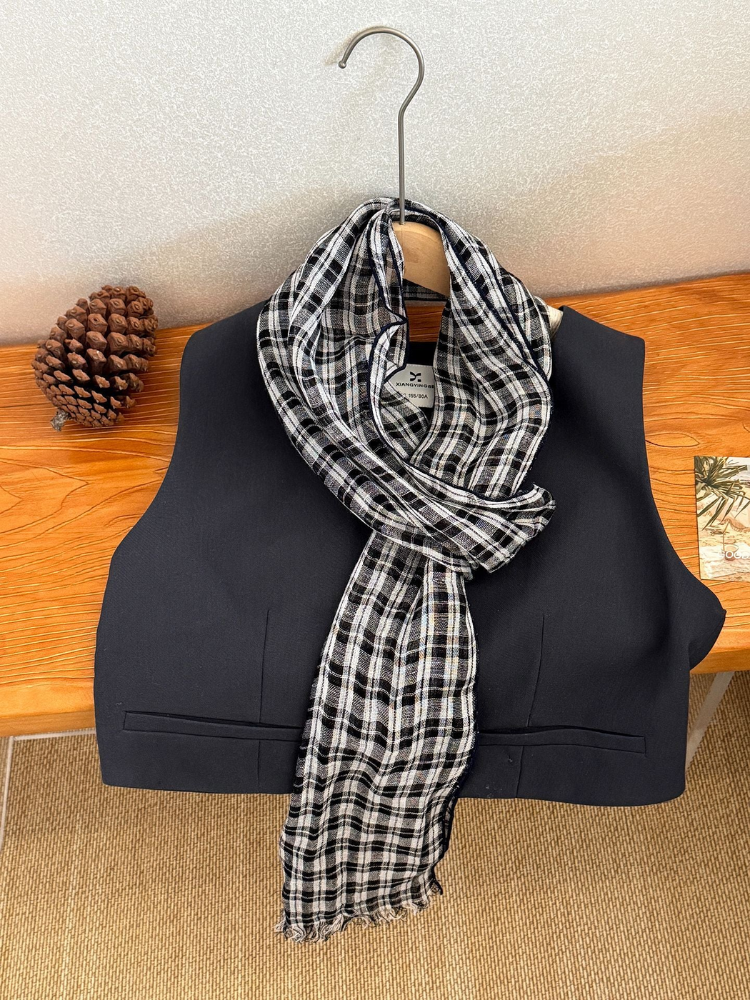 Multicolor plaid narrow scarf with fringed ends, full view