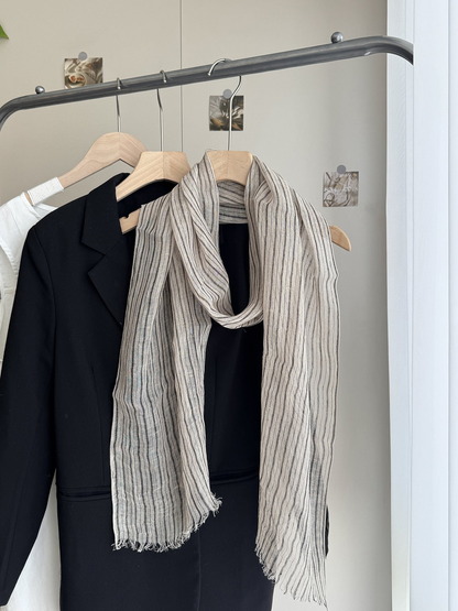 Dense Stripe scarf with beige fabric and dark vertical lines