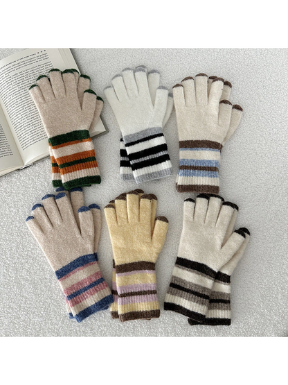 Six color variants of striped five-finger gloves displayed together