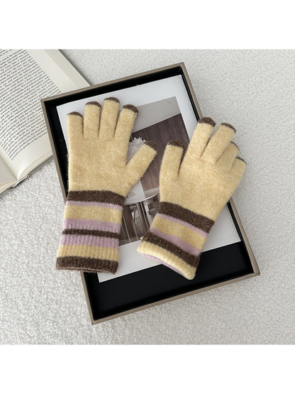 Purple striped five-finger gloves, front view