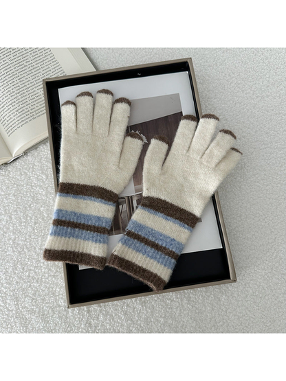 Blue striped five-finger gloves, front view