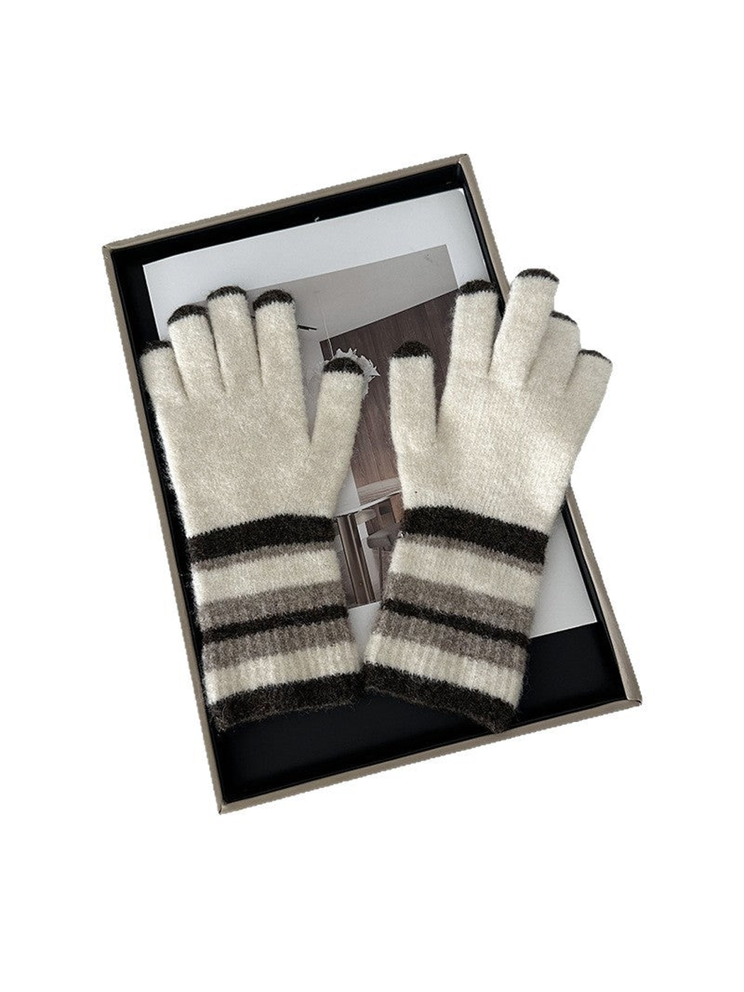 Black striped five-finger gloves, front view