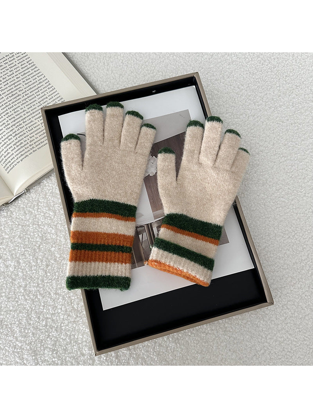 Dark Green striped five-finger gloves, front view