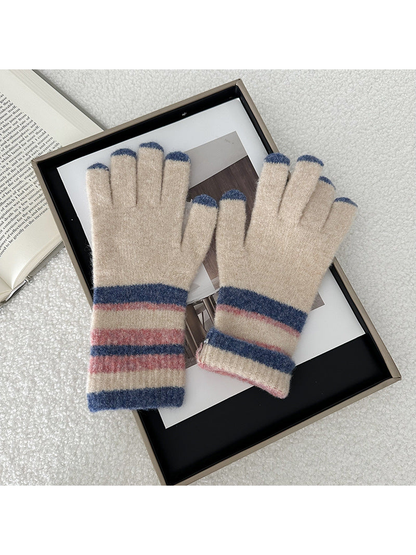Pink striped five-finger gloves, front view