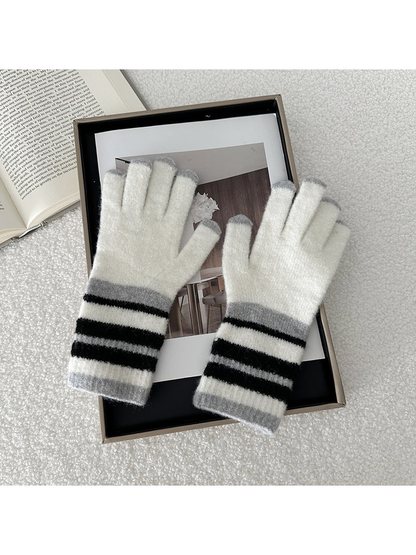 Gray striped five-finger gloves, front view