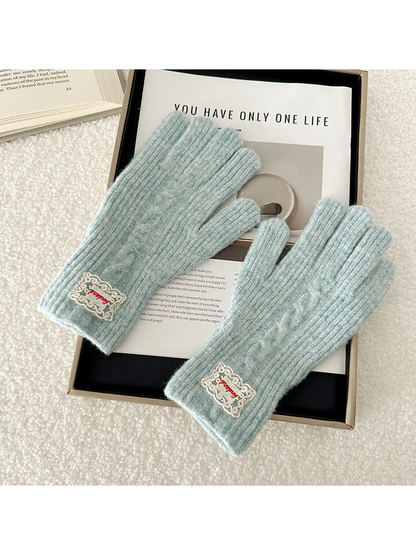 Light Blue cable-knit gloves with ribbed cuffs