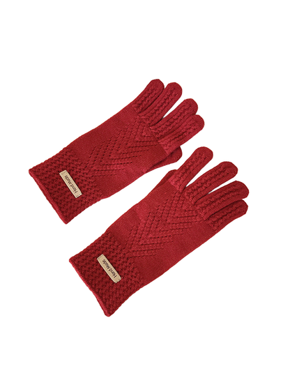 Red five-finger gloves with textured cuffs and chevron-like openwork lines