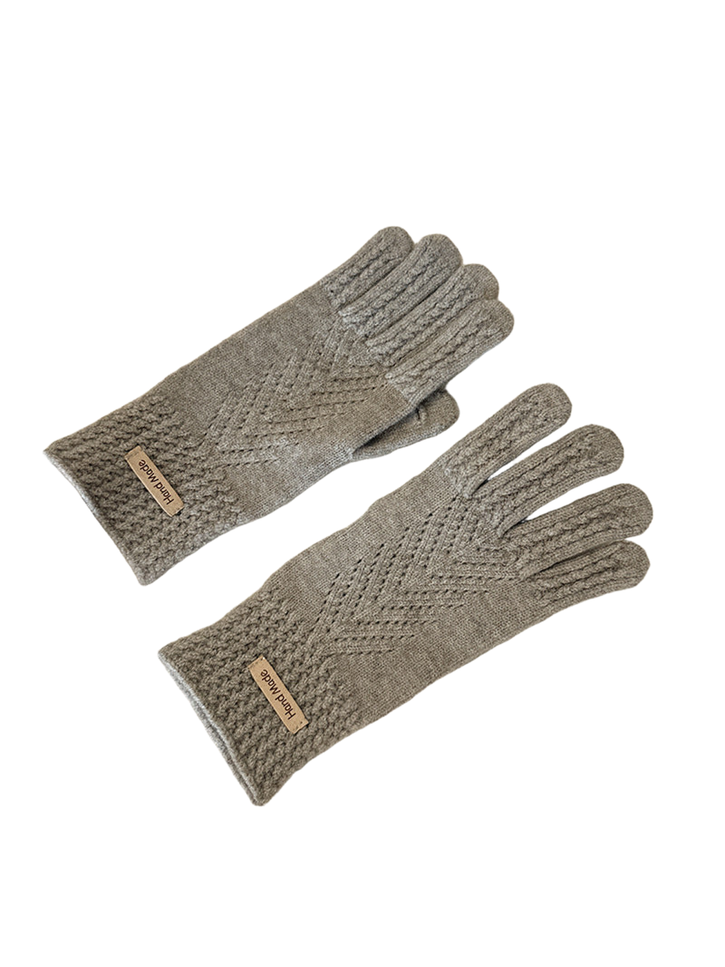 Khaki five-finger gloves with textured cuffs and chevron-like openwork lines