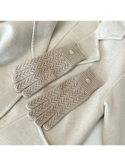 Khaki five-finger gloves with a repeating chevron knit pattern