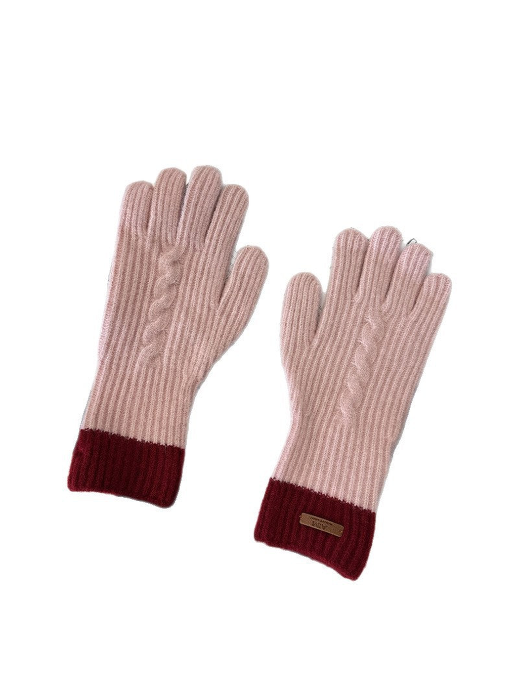 Pink rib-knit gloves with burgundy cuffs, front view