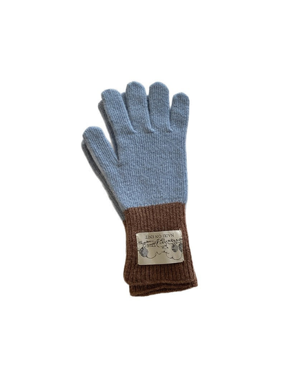 Blue gloves with brown cuffs, front view
