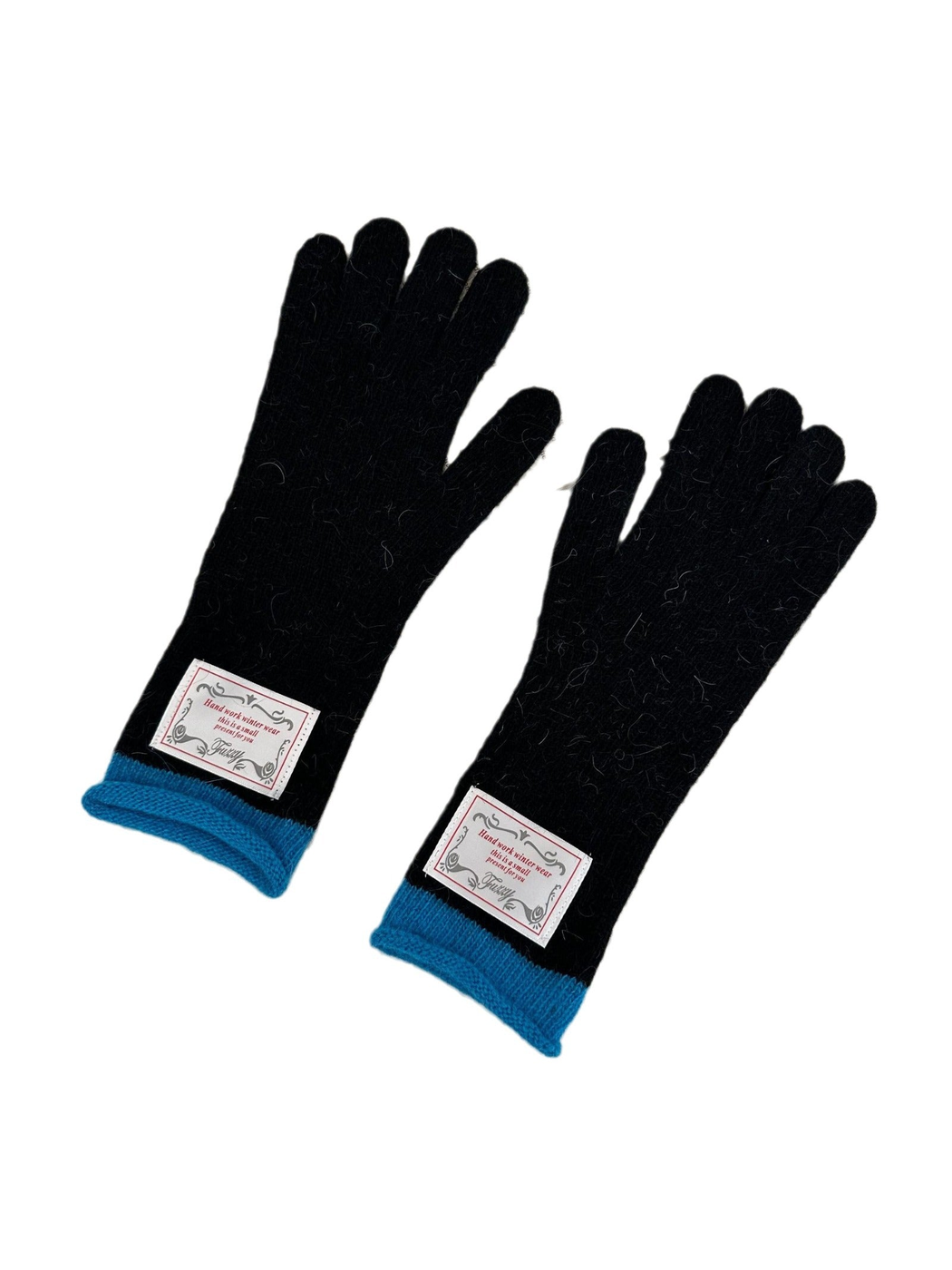 Black gloves with bright blue ribbed cuffs displayed on a white background
