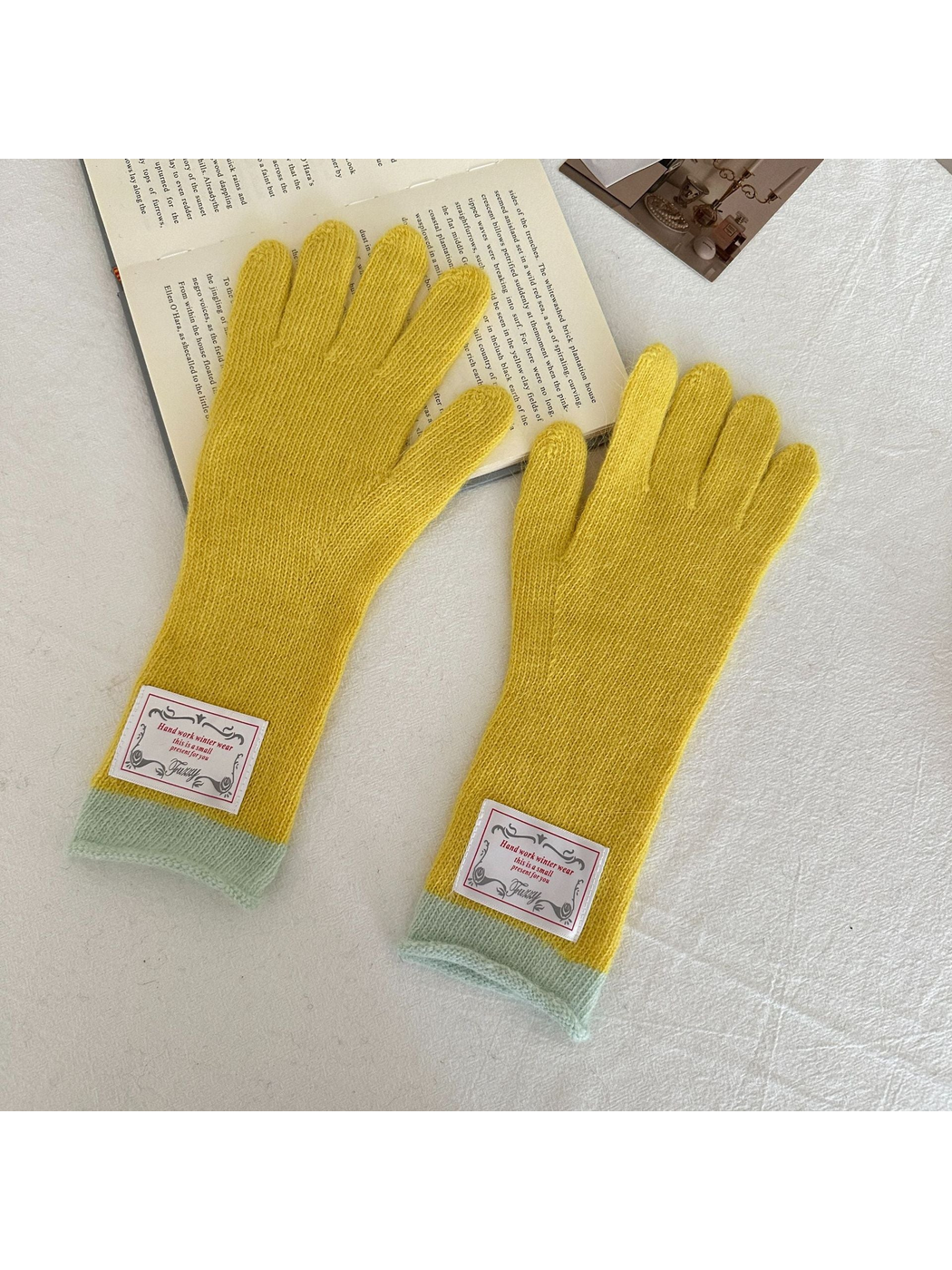 Mustard Yellow gloves with pale mint ribbed cuffs