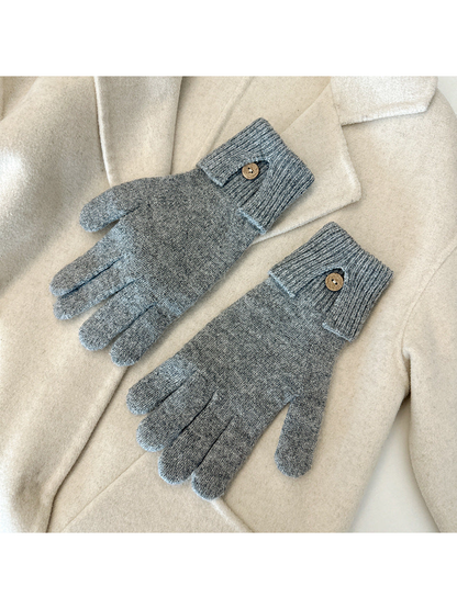 Gray gloves with ribbed cuffs and button details