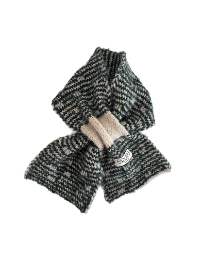 Black Gray fuzzy knit scarf arranged in a loop