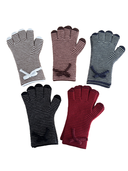 Multiple colorways of striped five-finger gloves with bow details