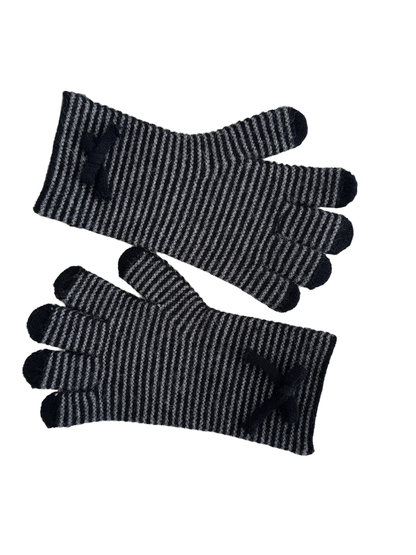 Black Gray gloves with striped pattern and bow details