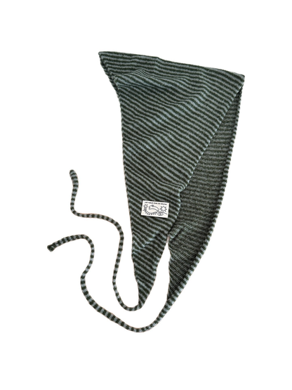 Gray striped triangle scarf laid flat with long tie strings