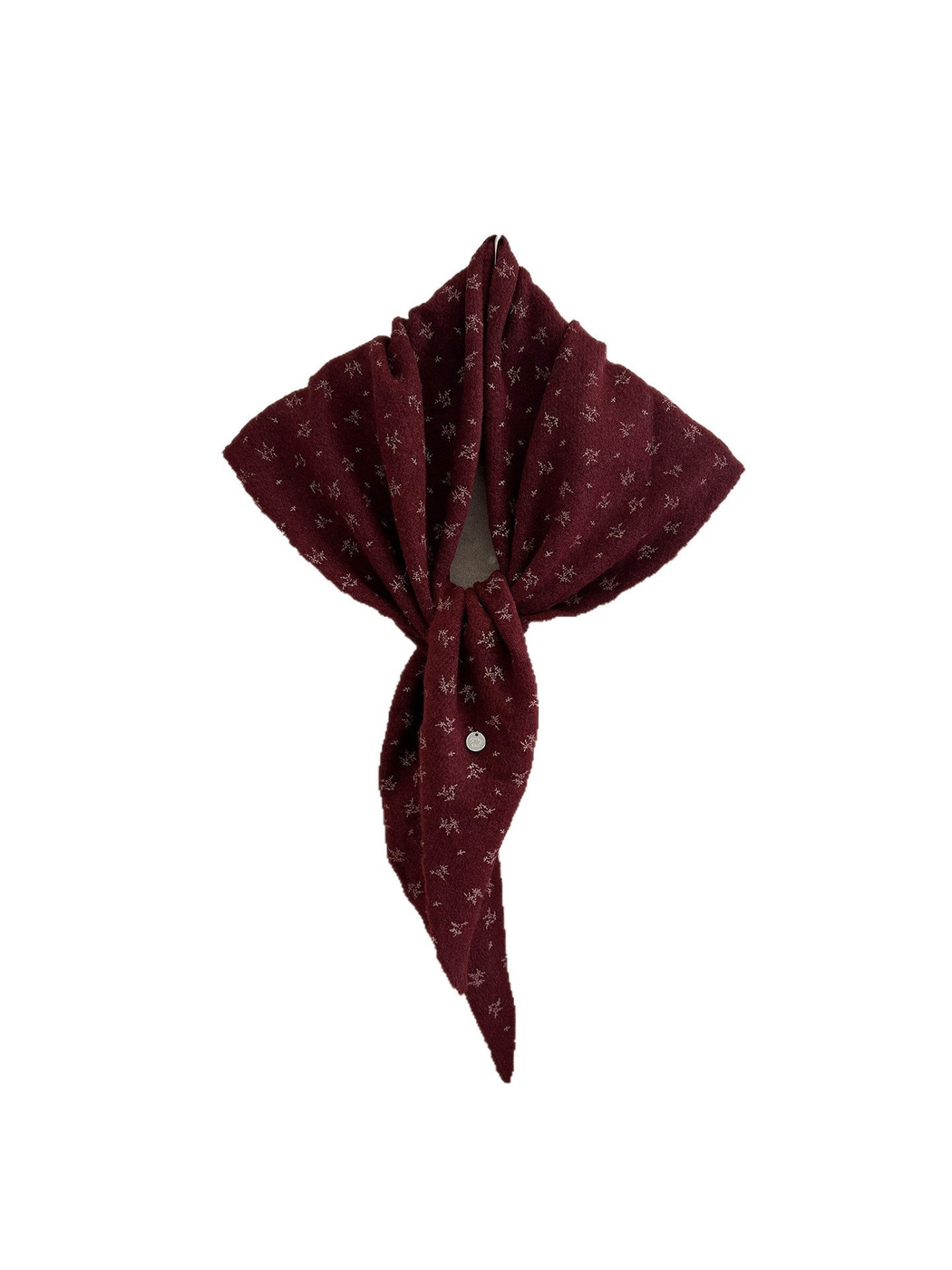 Burgundy floral-print scarf tied into a loop on a white background