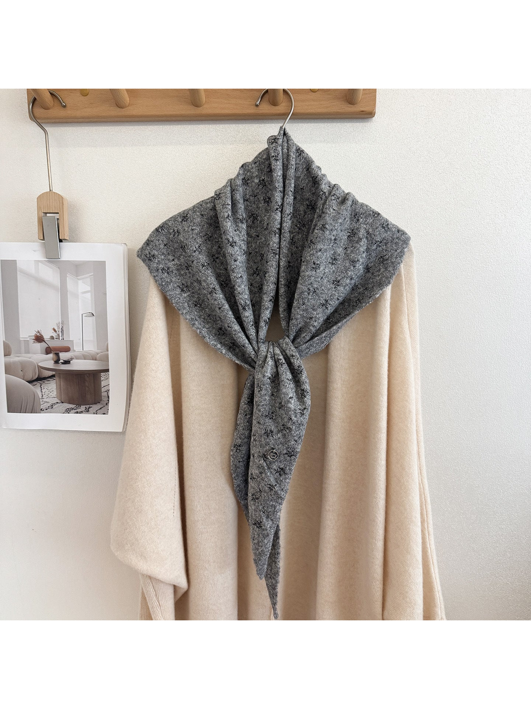 Light Gray scarf with small floral motifs, tied display