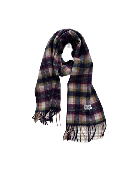 Multicolor plaid scarf with fringe, looped display