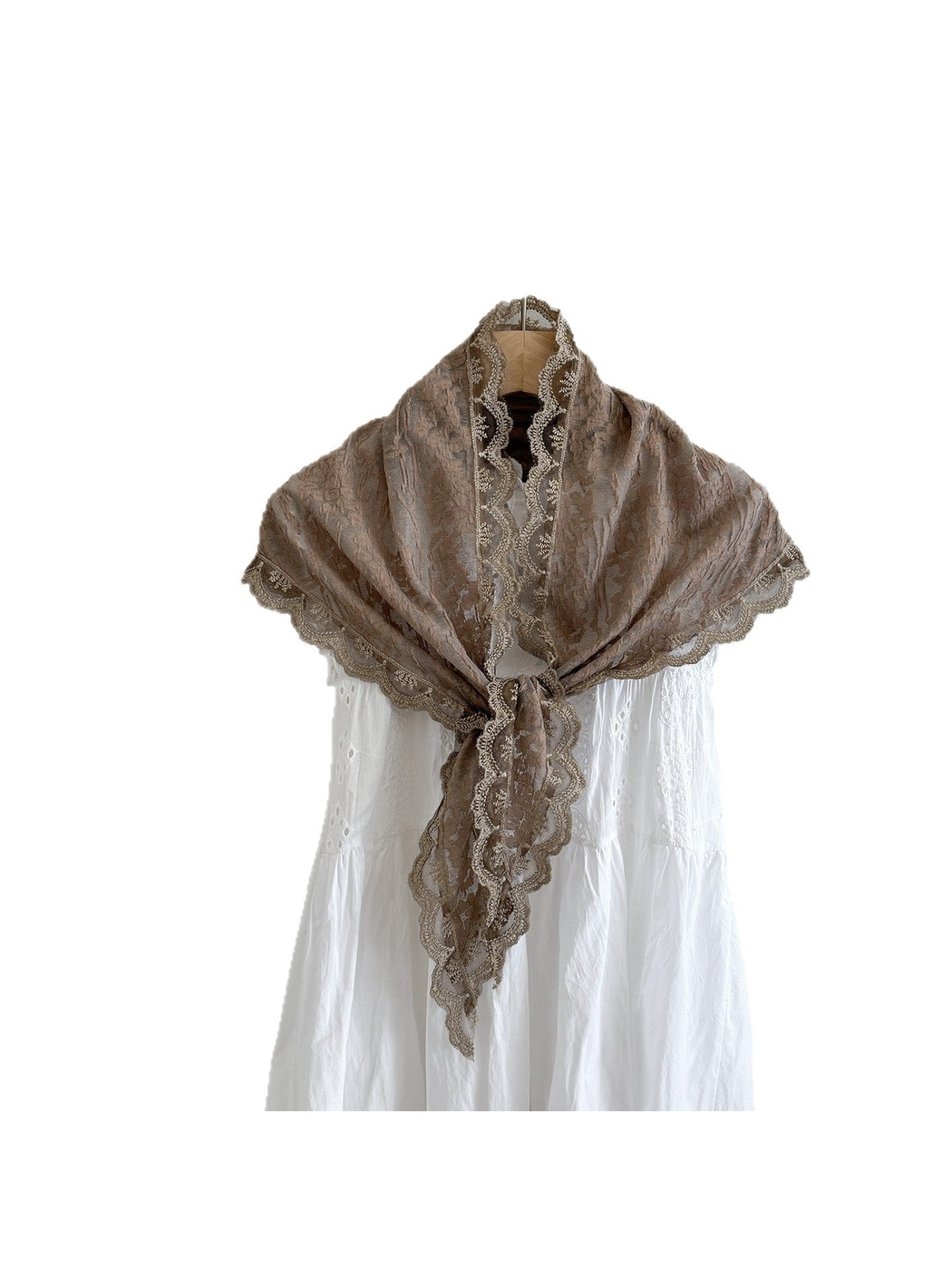 Light Coffee scarf with floral texture and scalloped lace trim draped over a white garment