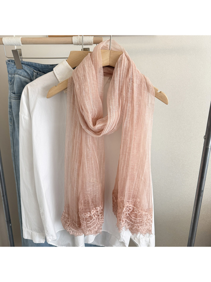 Blush Pink narrow scarf with floral lace trim, looped display