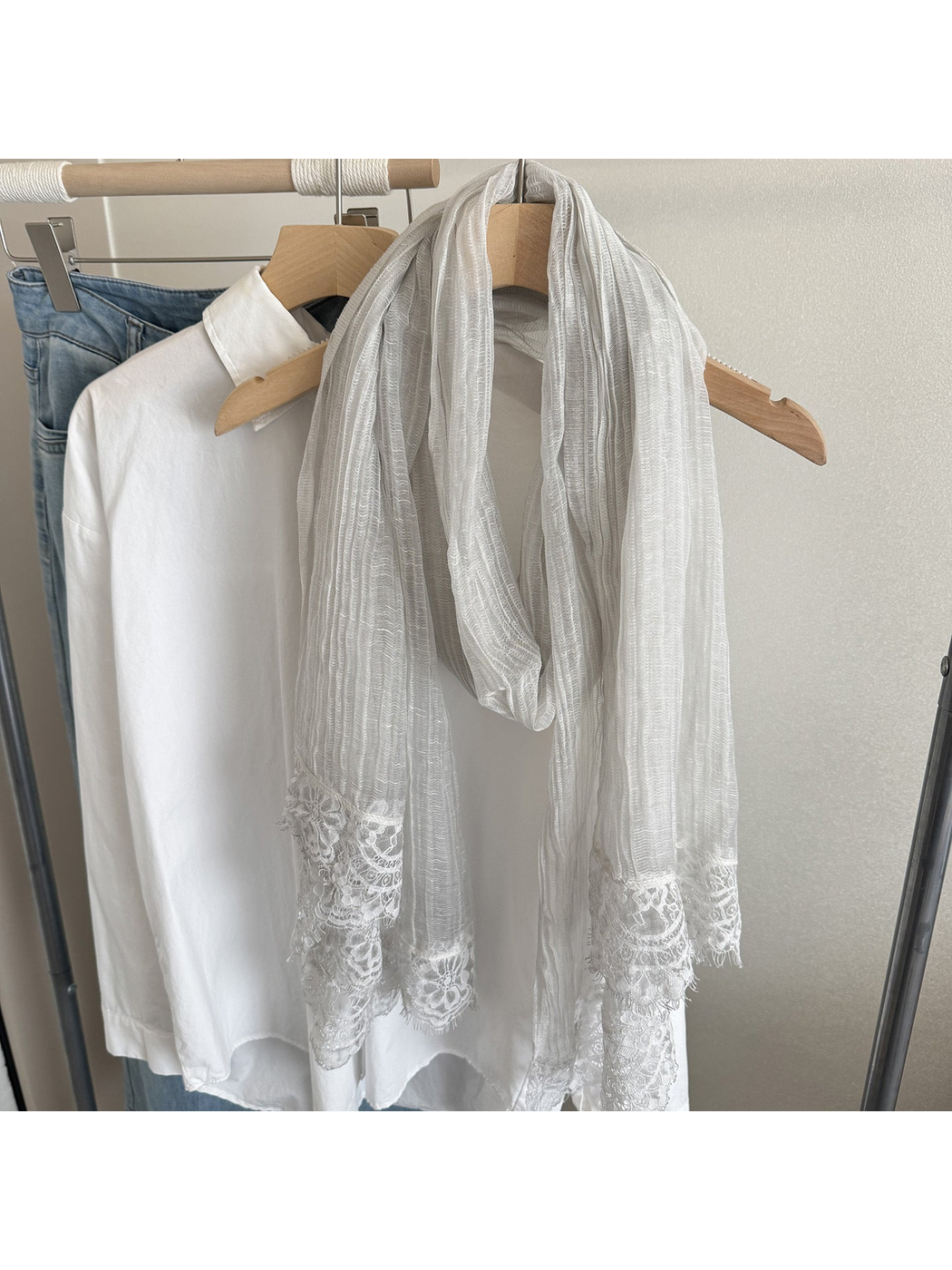 Light Gray narrow scarf with floral lace trim, hanging display