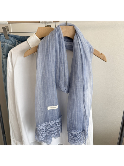 Blue Gray narrow scarf with floral lace trim, hanging display