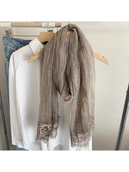 Dark Coffee narrow scarf with floral lace trim, hanging display