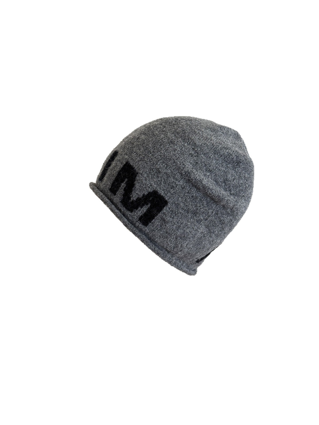 Gray beanie with black block lettering on the cuff, angled view