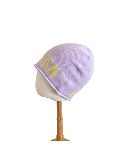 Purple Yellow beanie with a folded cuff and contrasting block lettering
