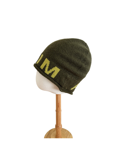 Army Yellow beanie with a folded cuff and contrasting block lettering
