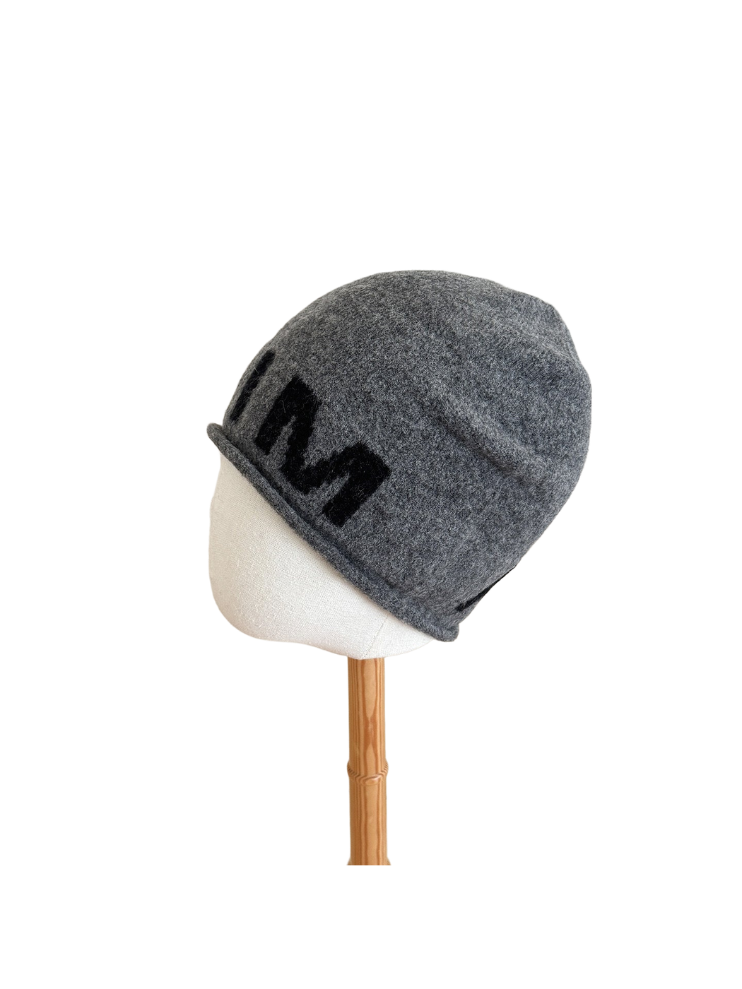 Gray Black beanie with a folded cuff and contrasting block lettering