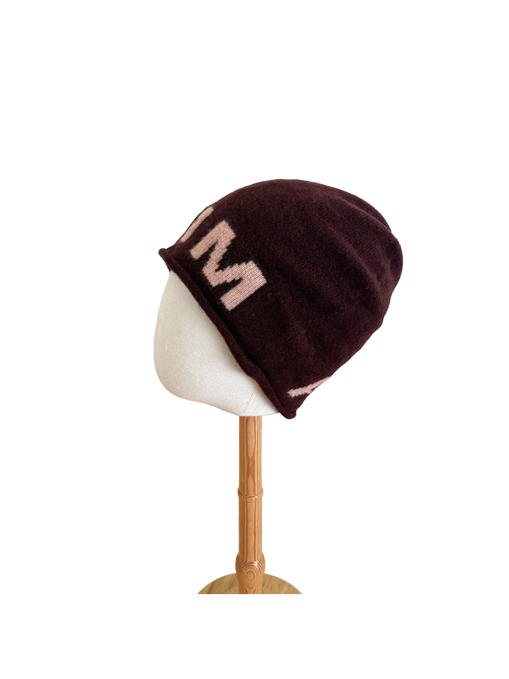 Burgundy Pink beanie with a folded cuff and contrasting block lettering