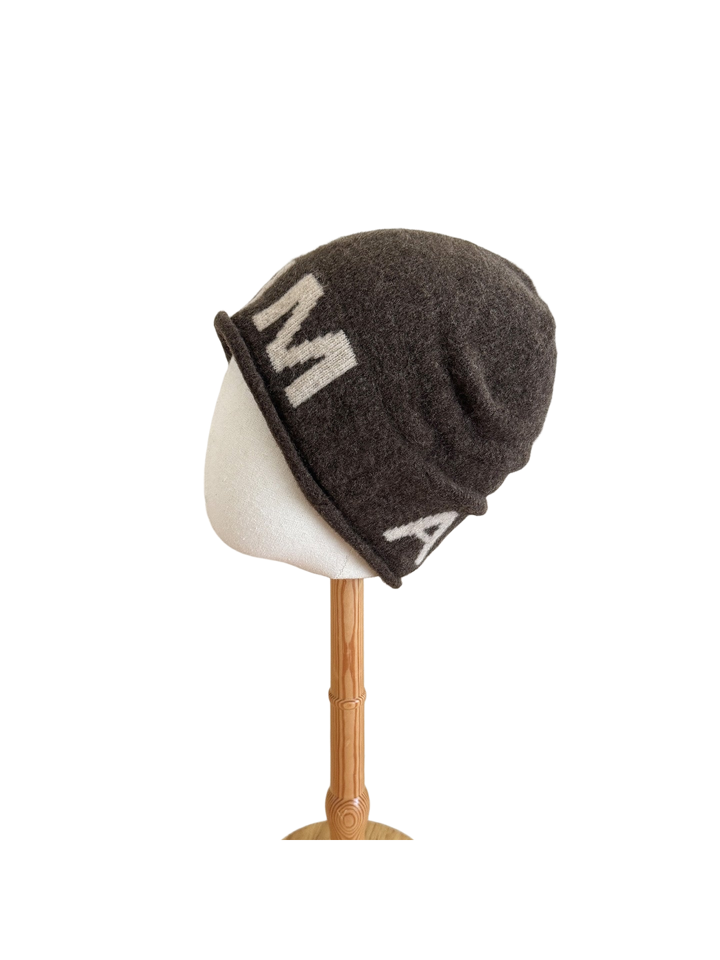 Brown Ivory beanie with a folded cuff and contrasting block lettering