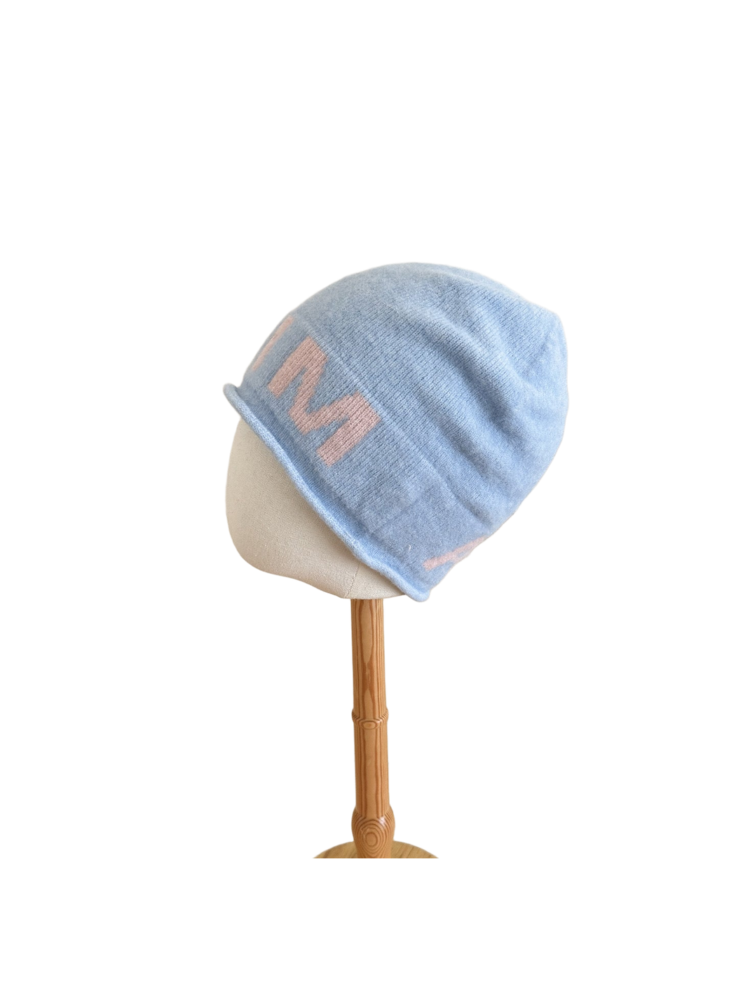 Blue Pink beanie with a folded cuff and contrasting block lettering