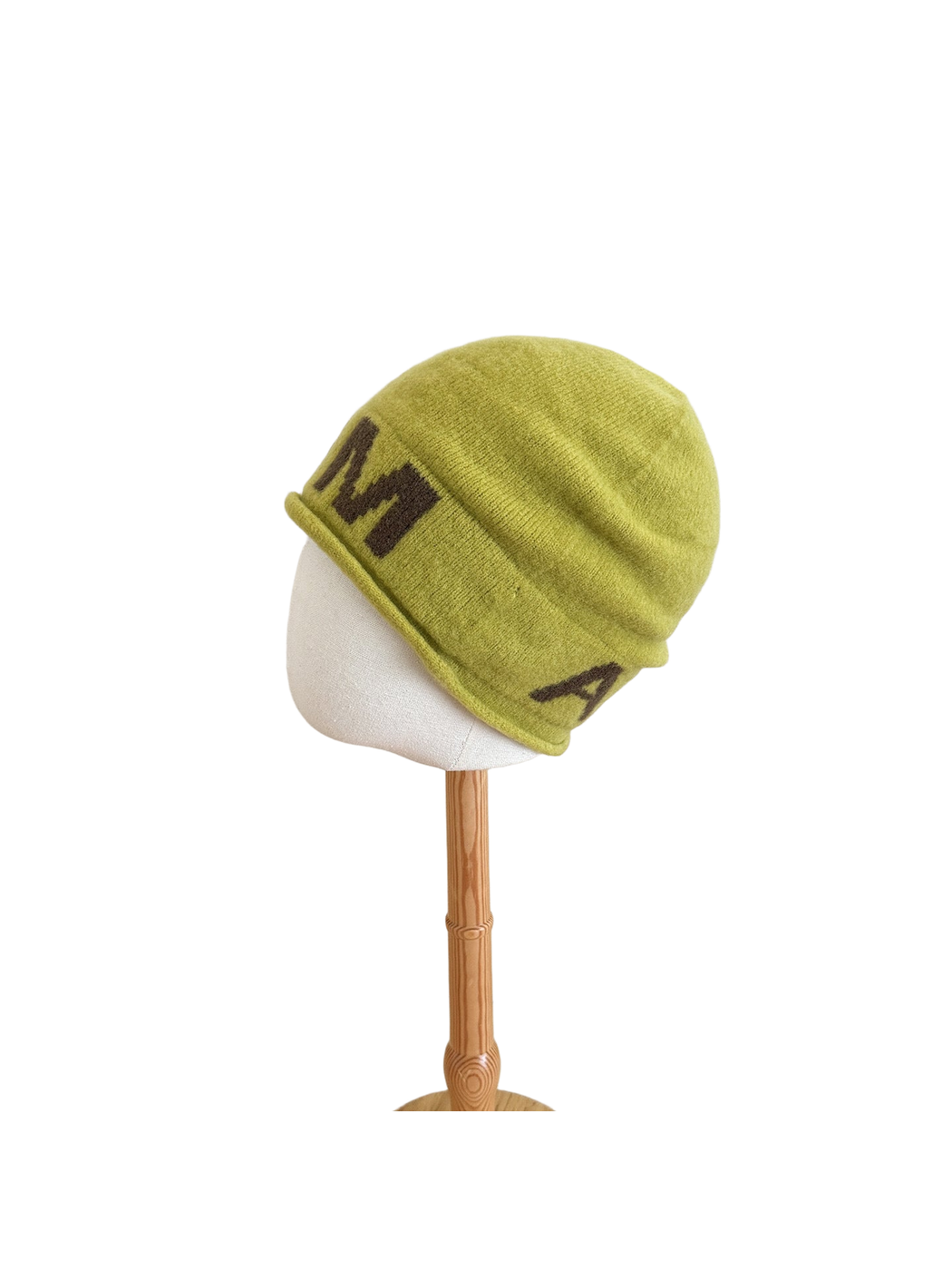 Green Brown beanie with a folded cuff and contrasting block lettering