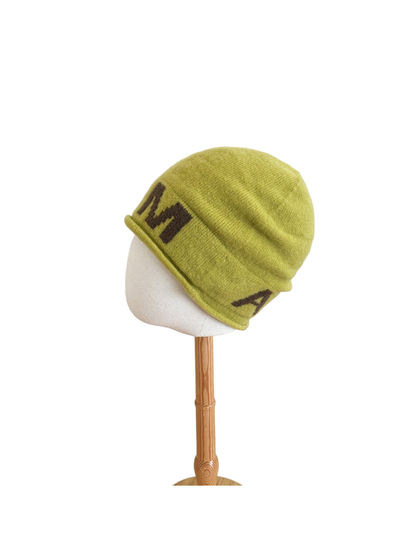Green Brown beanie with a folded cuff and contrasting block lettering