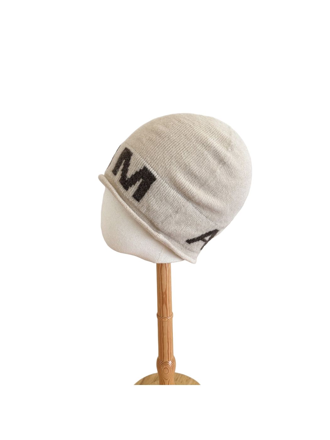 Beige Brown beanie with a folded cuff and contrasting block lettering