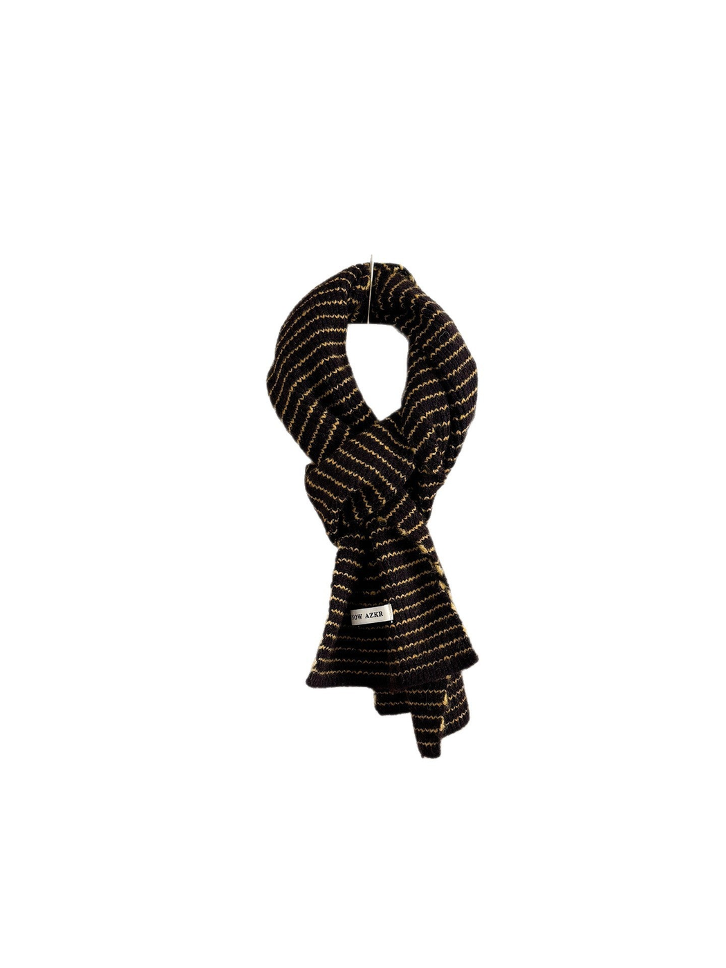 Dark brown striped knit scarf looped against a white background