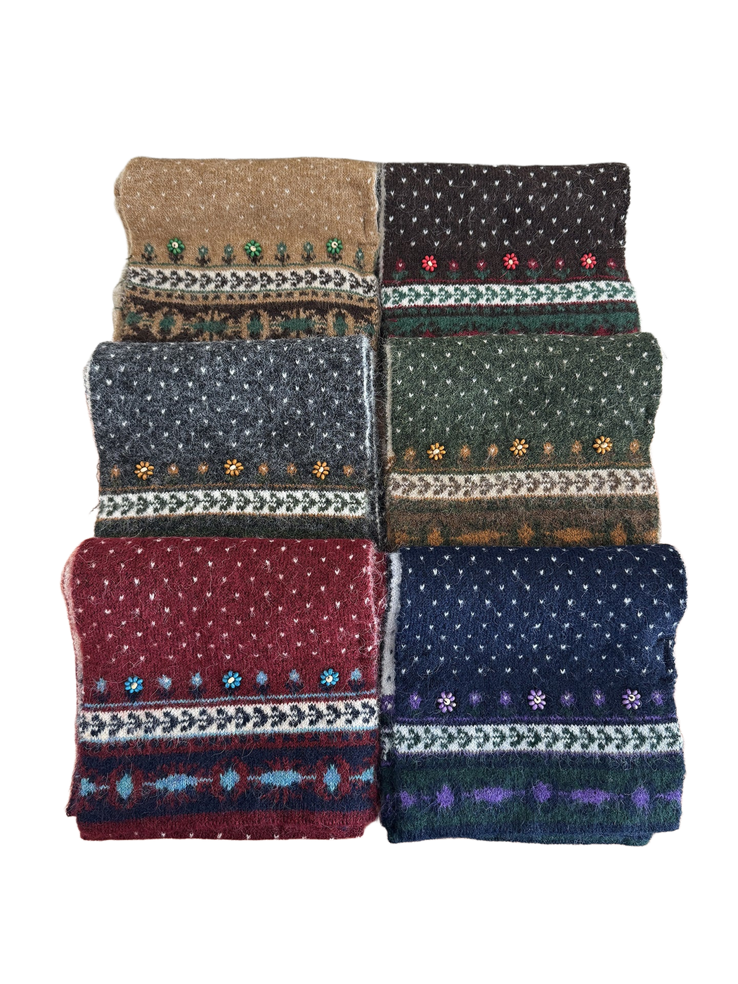 Six color variants of a patterned long scarf displayed together.