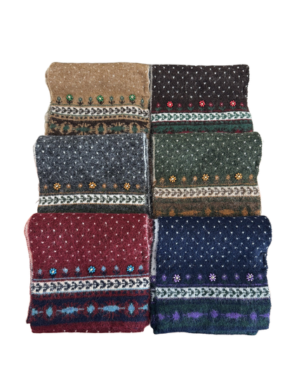 Six color variants of a patterned long scarf displayed together.